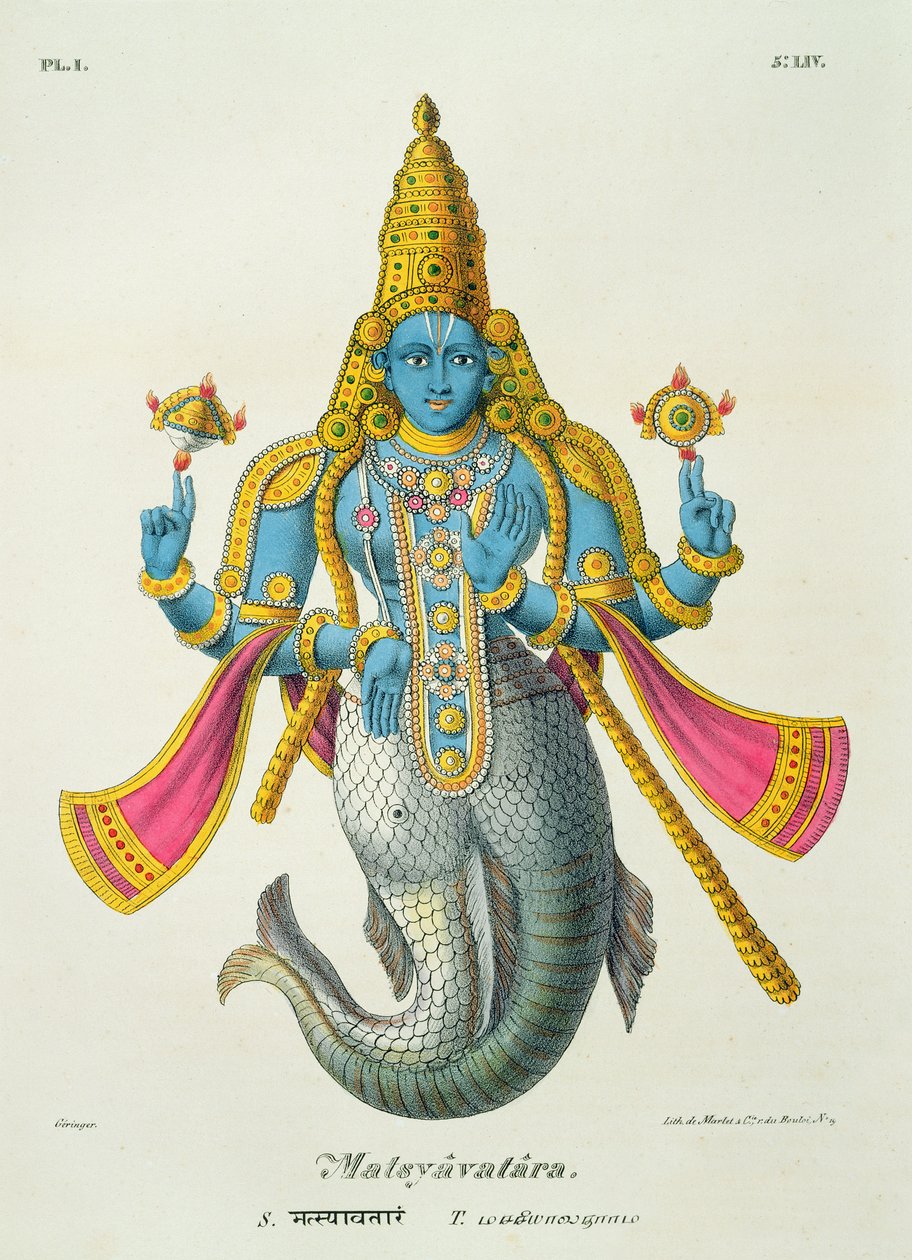 来自&39;French India ...&39;的Matsyavatara或Matsya，由Marlet und Cie，pub雕刻。巴黎1827-1835 作者 A.少
