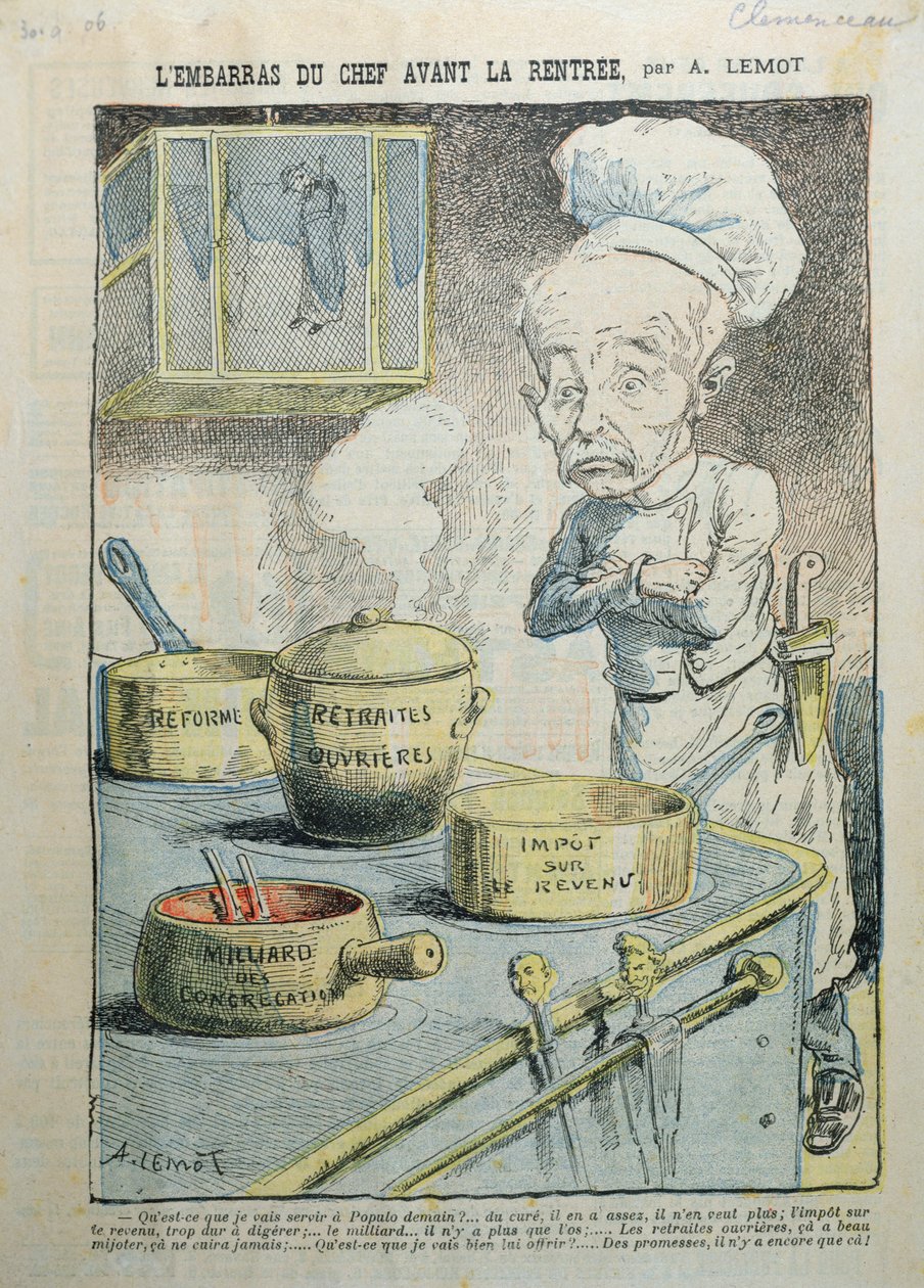 “返回前酋长的尴尬”，批评乔治·克莱门梭（1841-1929）的漫画，1906年 作者 莱莫特
