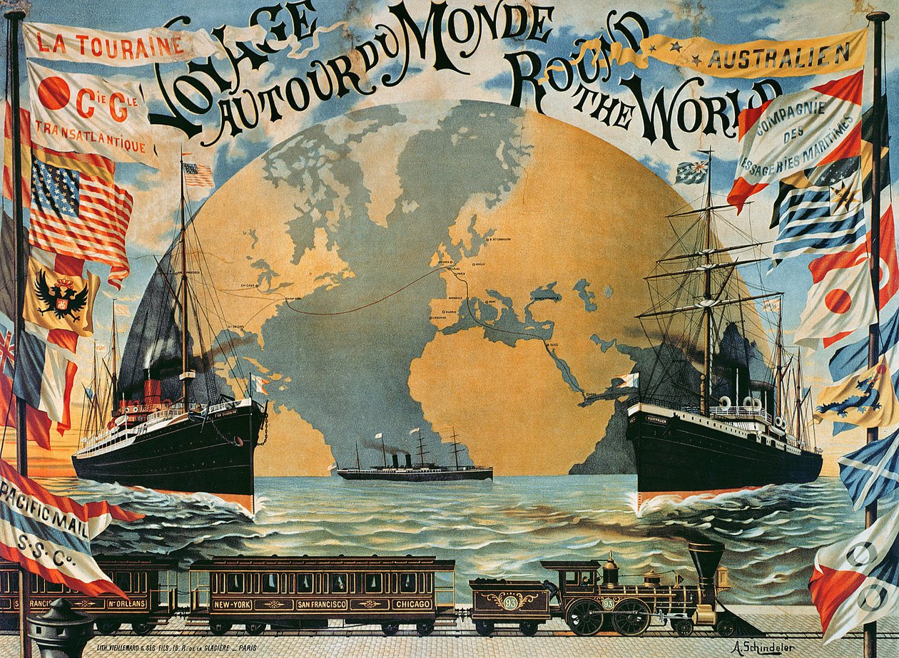 “世界各地的航行”，19世纪后期“Compagnie Generale Transatlantique”的海报 作者 辛德勒