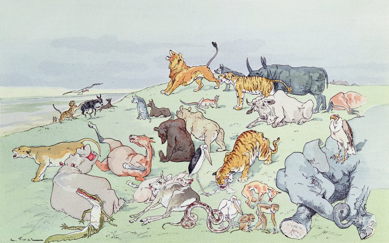 动物与瘟疫一起生病，来自&39;Fables de La Fontaine&39;，1897年 作者 维玛