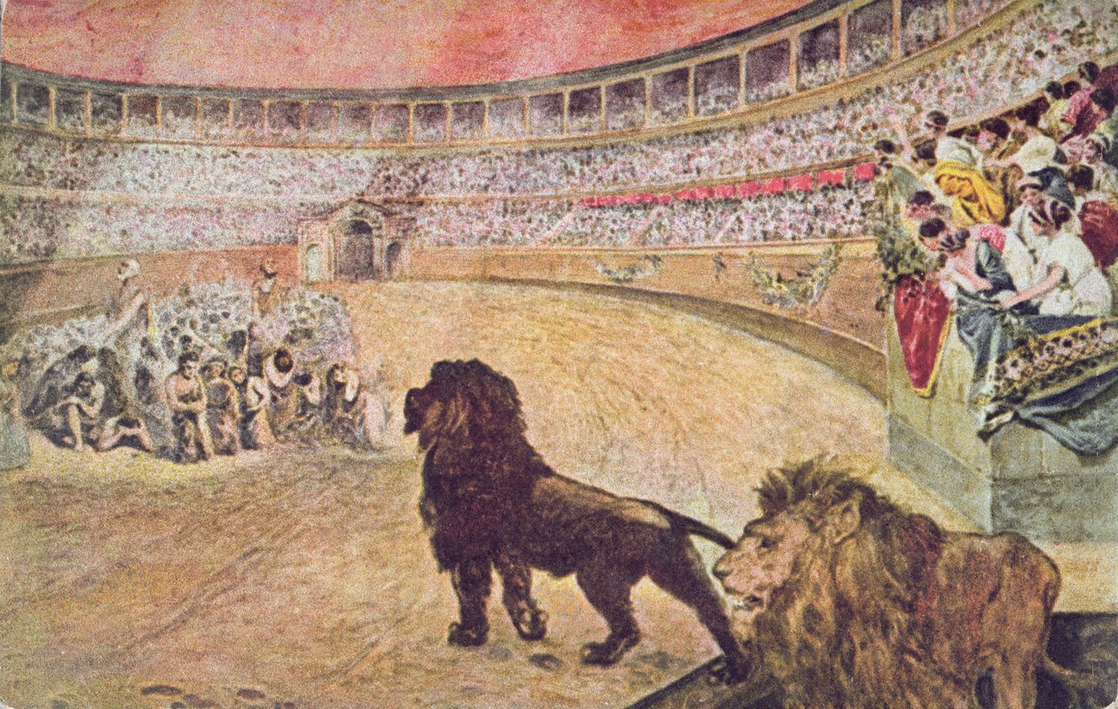 描绘基督徒烈士的明信片在竞技场在罗马，c.1910 作者 德尔森诺