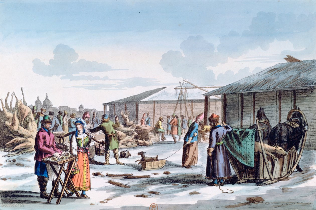 俄罗斯冬季肉类市场，1821年 作者 AC胡比高特