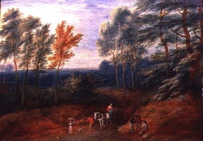 带有干草车旅行者的林间风景（油画板）。 作者 AF 和 Bouts P. Boudewyns