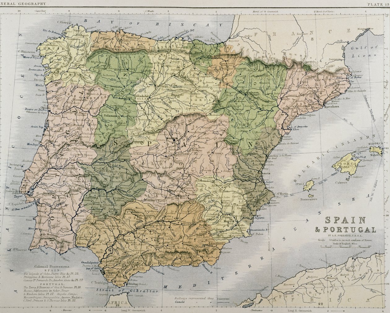 西班牙和葡萄牙的地图，c.1869 作者 亚历山大·基思·约翰斯顿