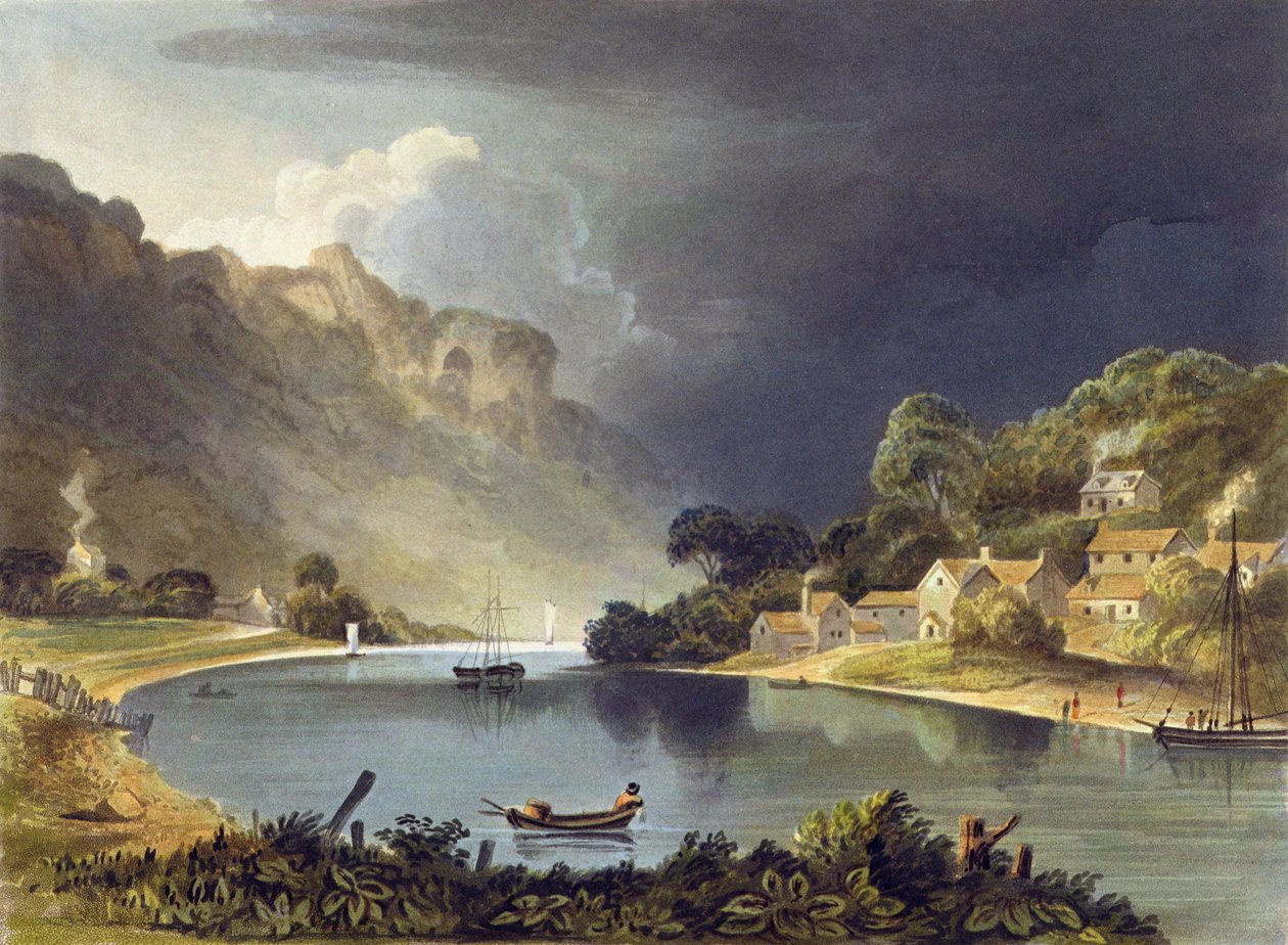 查看新堰河下的河流，从“怀河描述”中的第13块，由Theodore Henry Fielding（1781-1851）雕刻，1818年（手工彩色） 作者 AV科普利场