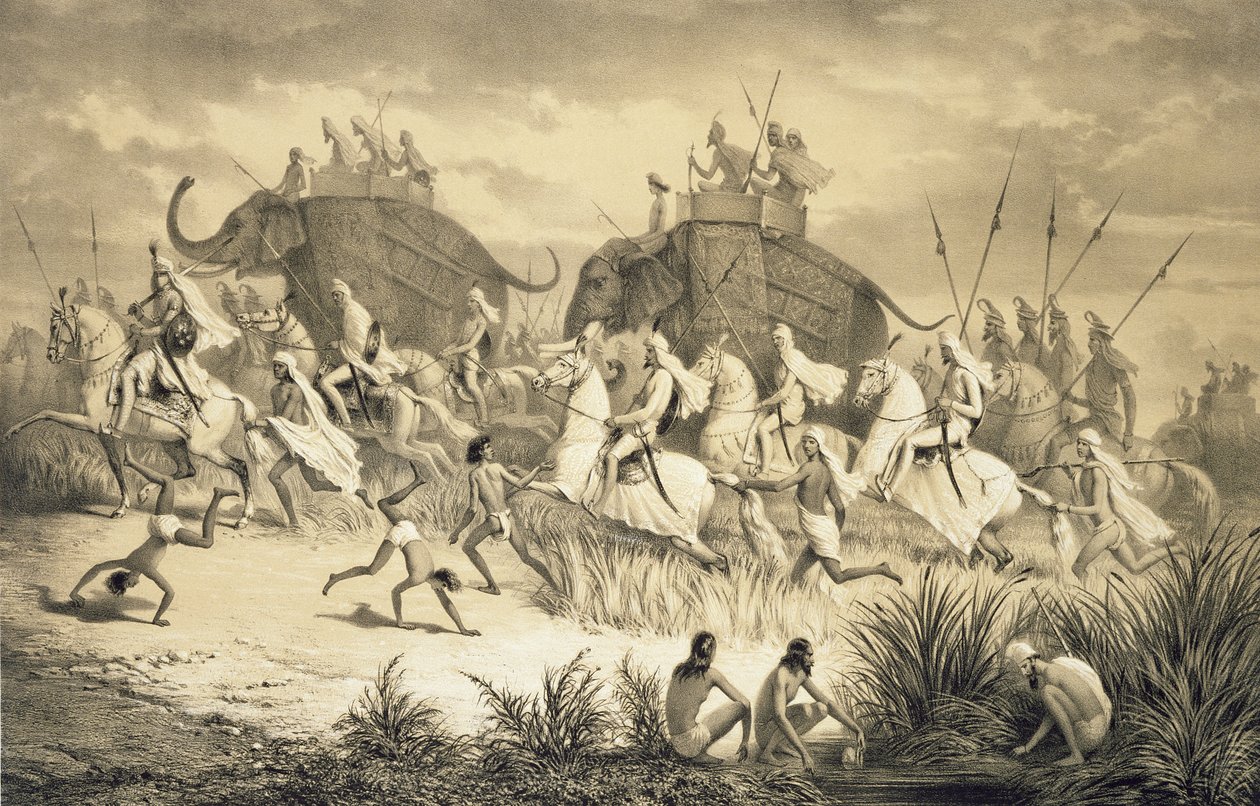 锡克教酋长骑大象的队列，来自《印度之旅》，由 Louis Henri de Rudder (1807-81) 雕刻。 在伦敦 作者 A.（之后）索尔特科夫