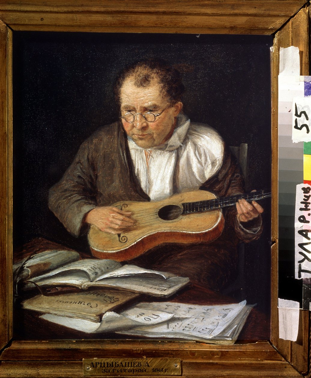 吉他手绘画作者：A.Artsybashev（19 世纪）的作品。布面油画，30.5 x 26 厘米 作者 A.Artsybashev