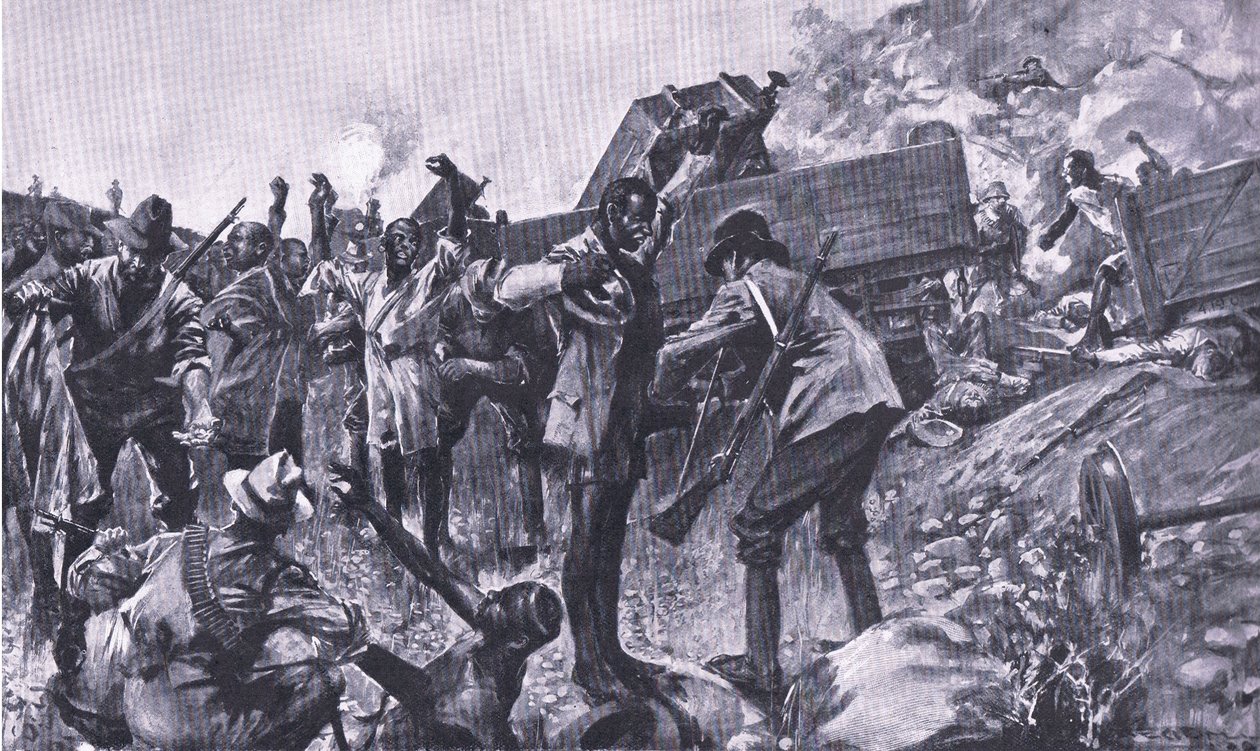 Taaibosch附近火车的破坏，来自比勒陀利亚之后：游击战争由Harmsworth Bros Limited出版，1901年 作者 AC球