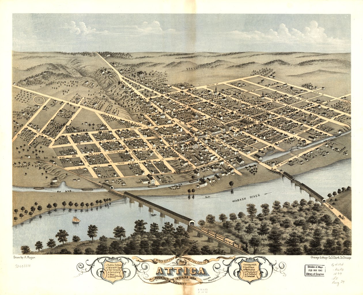 印第安纳州福泉县阿提卡市鸟瞰图，1869 年。LOC 73693378 作者 一个;芝加哥平版印刷公司鲁格