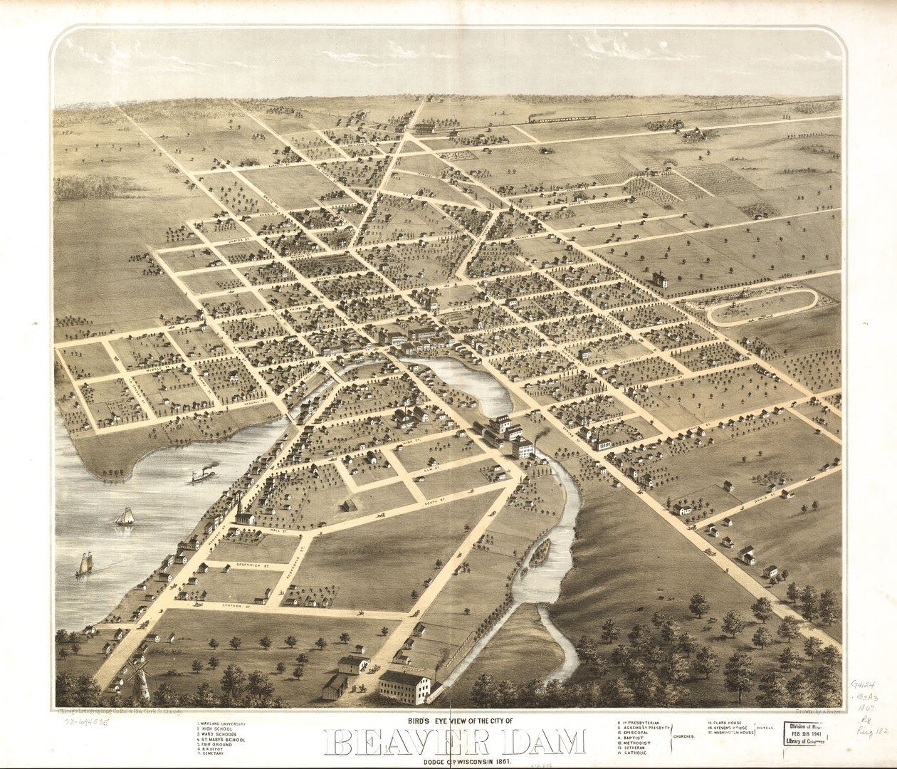 威斯康星州道奇市比弗达姆市鸟瞰图，1867 年。LOC 73694535 作者 一个;芝加哥平版印刷公司鲁格
