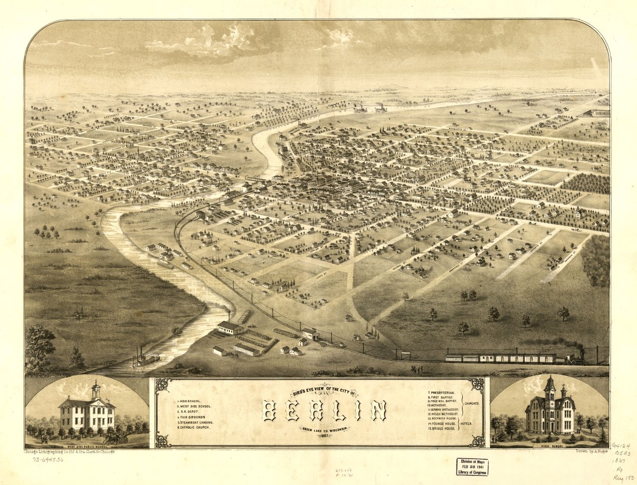 威斯康星州绿湖郡柏林市鸟瞰图，1867 年。LOC 73694536 作者 一个;芝加哥平版印刷公司鲁格