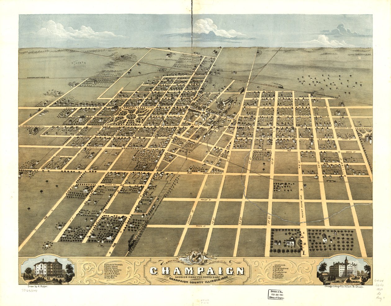 伊利诺伊州香槟郡香槟市鸟瞰图，1869 年。LOC 73693348 作者 一个;芝加哥平版印刷公司鲁格