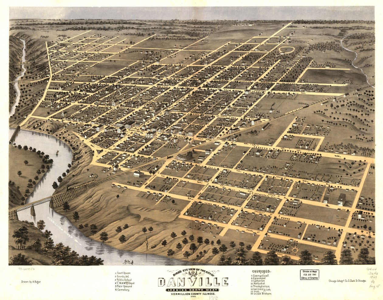 伊利诺伊州朱利安县丹维尔市鸟瞰图，1869 年。编号 73693353 作者 一个;芝加哥平版印刷公司鲁格