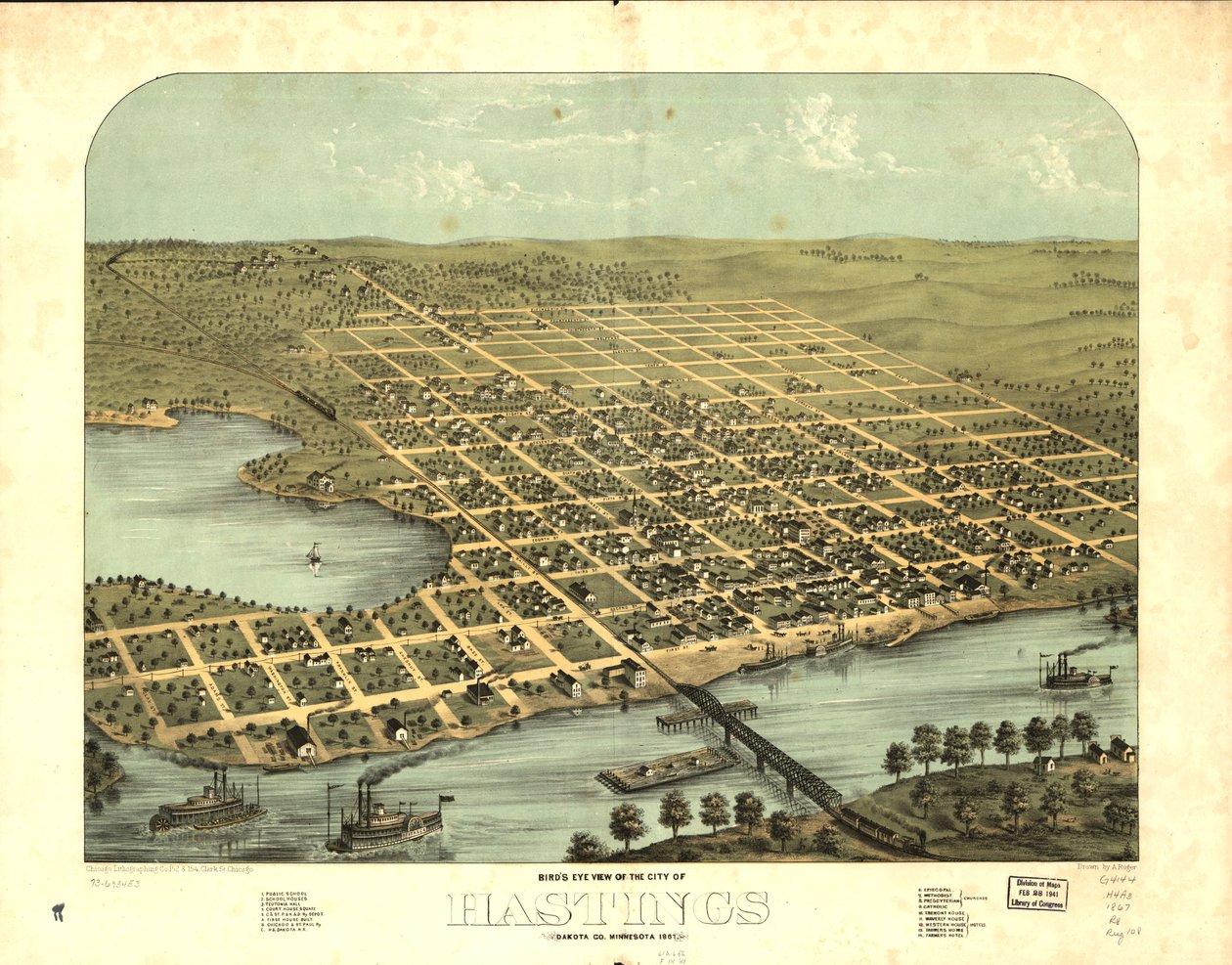 明尼苏达州达科他州黑斯廷斯市鸟瞰图，1867 年。LOC 73693453 作者 一个;芝加哥平版印刷公司鲁格