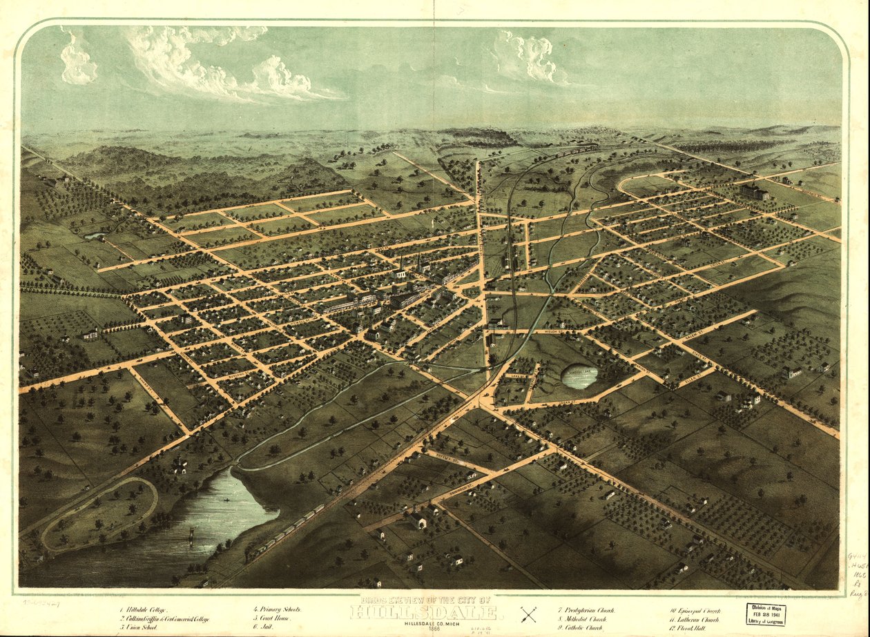 密歇根州希尔斯代尔市鸟瞰图，1866 年。LOC 73693429 作者 一个;芝加哥平版印刷公司鲁格
