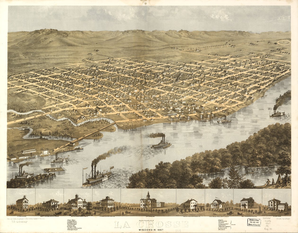 威斯康星州拉克罗斯市鸟瞰图，1867 年。LOC 73694545 作者 一个;芝加哥平版印刷公司鲁格