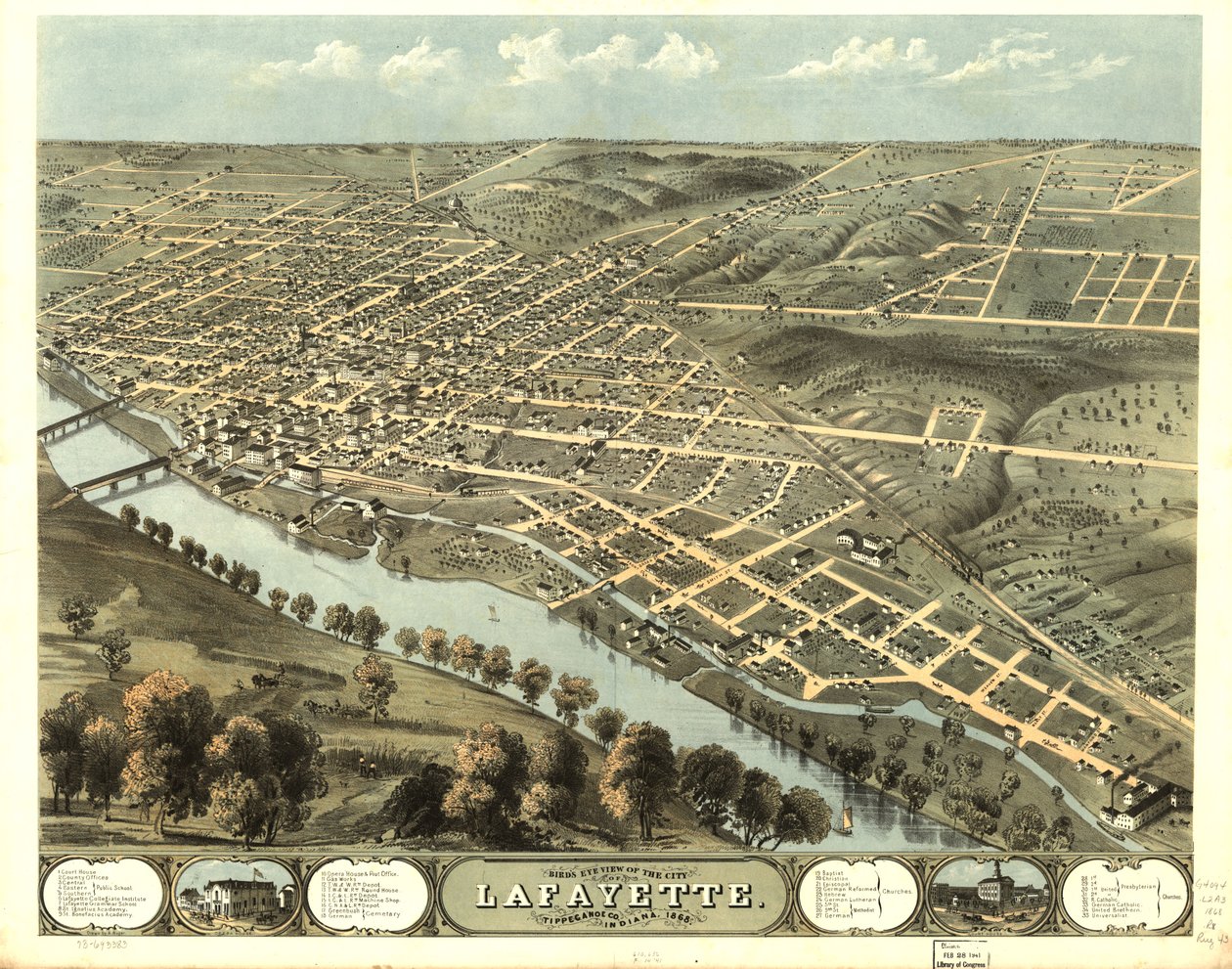 印第安纳州蒂佩卡诺州拉斐特市鸟瞰图，1868 年。编号 73693383 作者 一个;芝加哥平版印刷公司鲁格