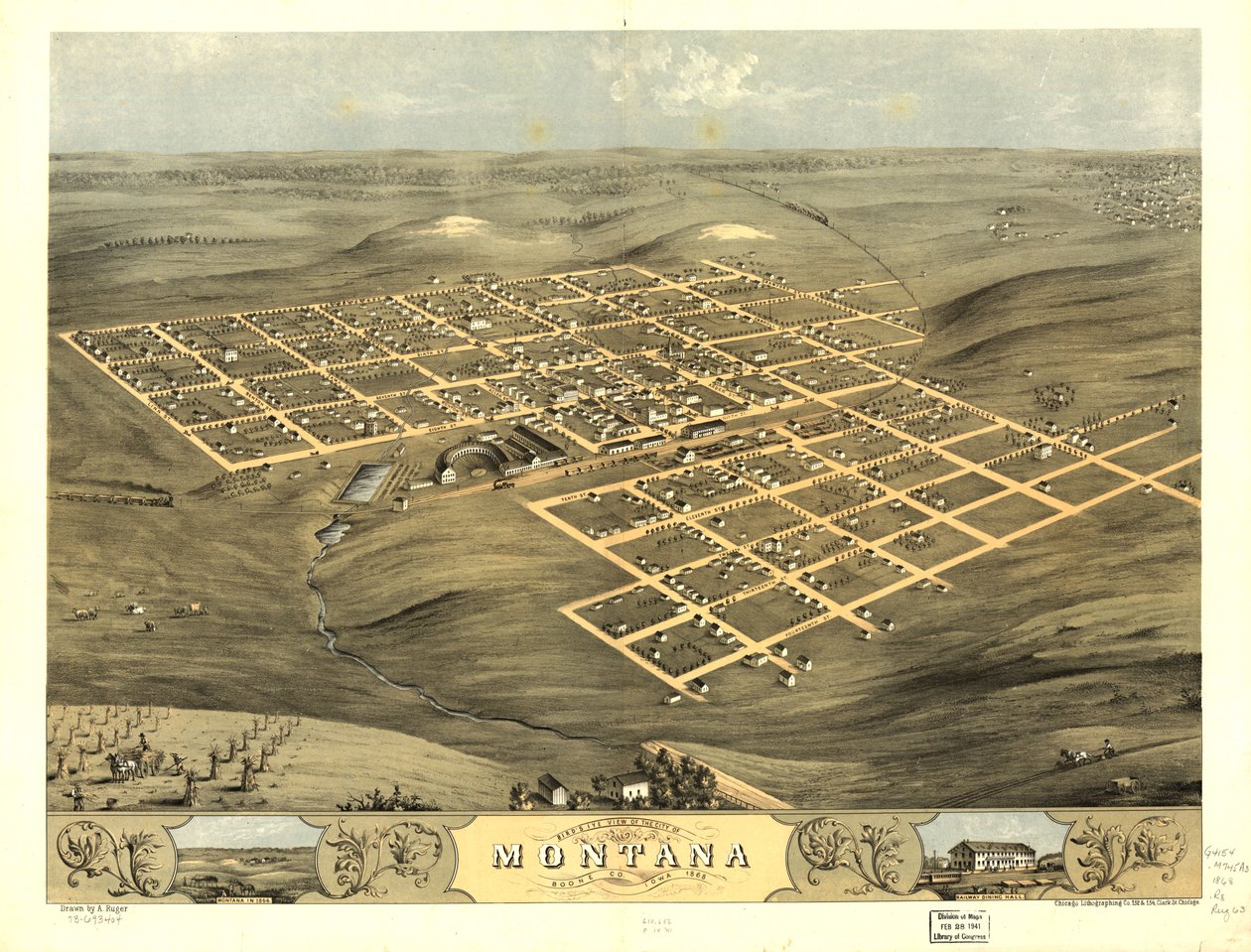 爱荷华州波恩县蒙大拿市鸟瞰图，1868 年。LOC 73693404 作者 一个;芝加哥平版印刷公司鲁格