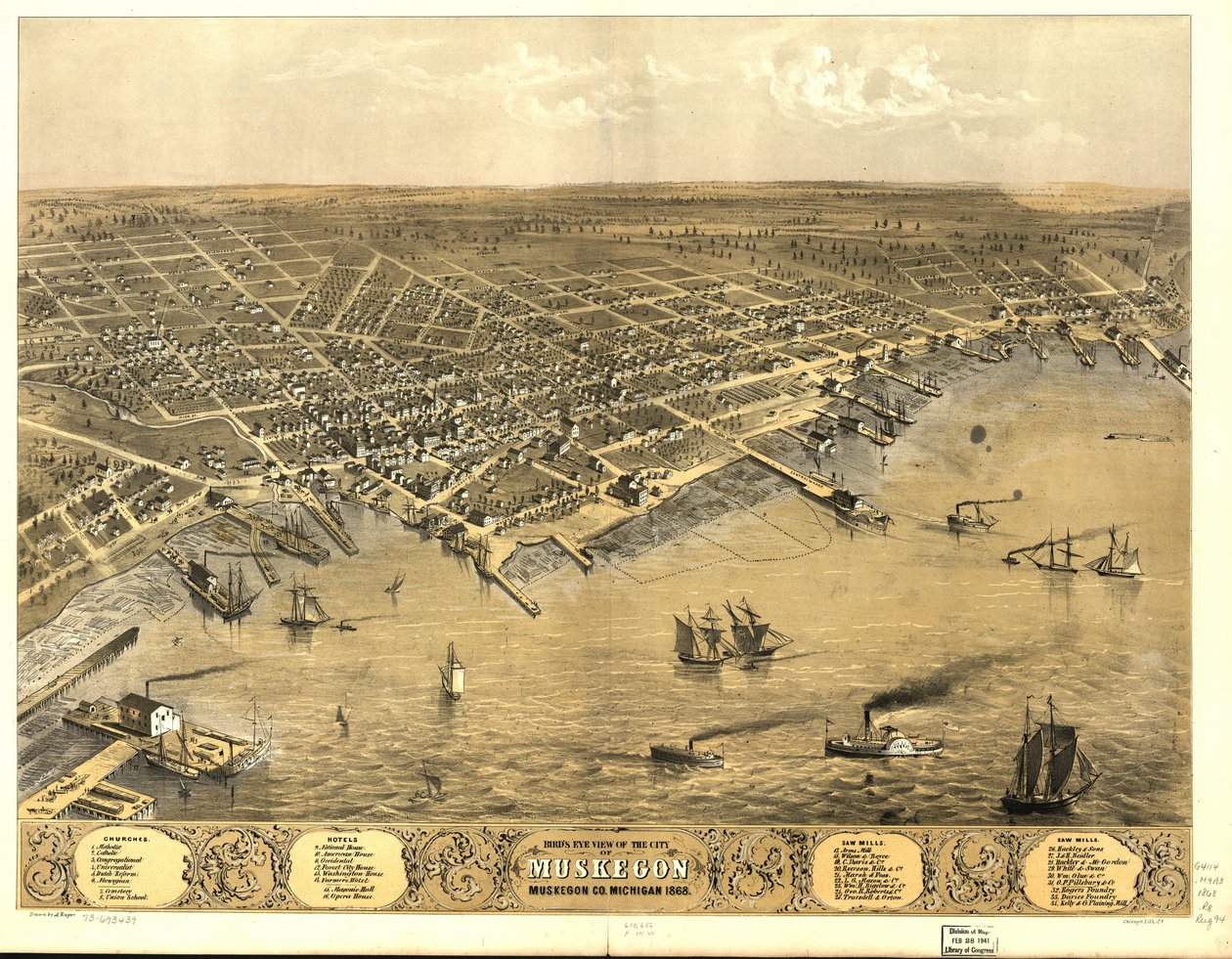 密歇根州马斯基根市鸟瞰图，1868 年。 作者 一个;芝加哥平版印刷公司鲁格