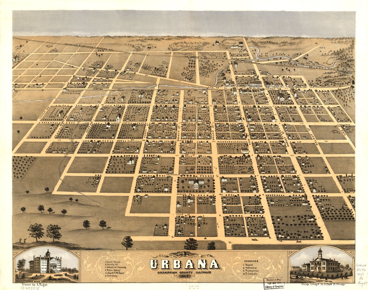 伊利诺伊州香槟郡厄巴纳市鸟瞰图，1869 年。LOC 73693375 作者 一个;芝加哥平版印刷公司鲁格