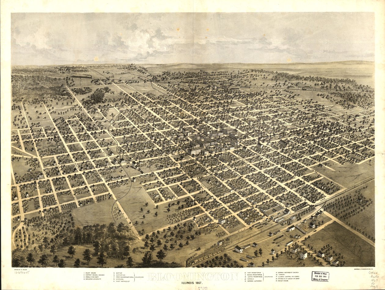 伊利诺伊州布卢明顿，1867 年。LOC 73693345 作者 一个;芝加哥平版印刷公司鲁格