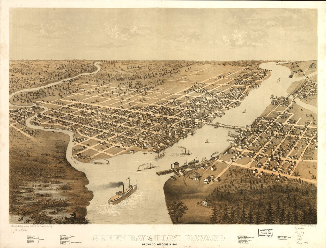 威斯康星州布朗县格林湾和霍华德堡，1867 年。LOC 73694541 作者 一个;芝加哥平版印刷公司鲁格