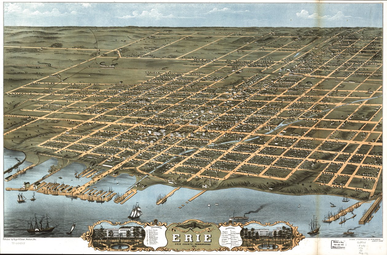 1870 年宾夕法尼亚州伊利县伊利市鸟瞰图。 作者 A. Chicago Lithographing Co. Ruger 和 Stoner Ruger