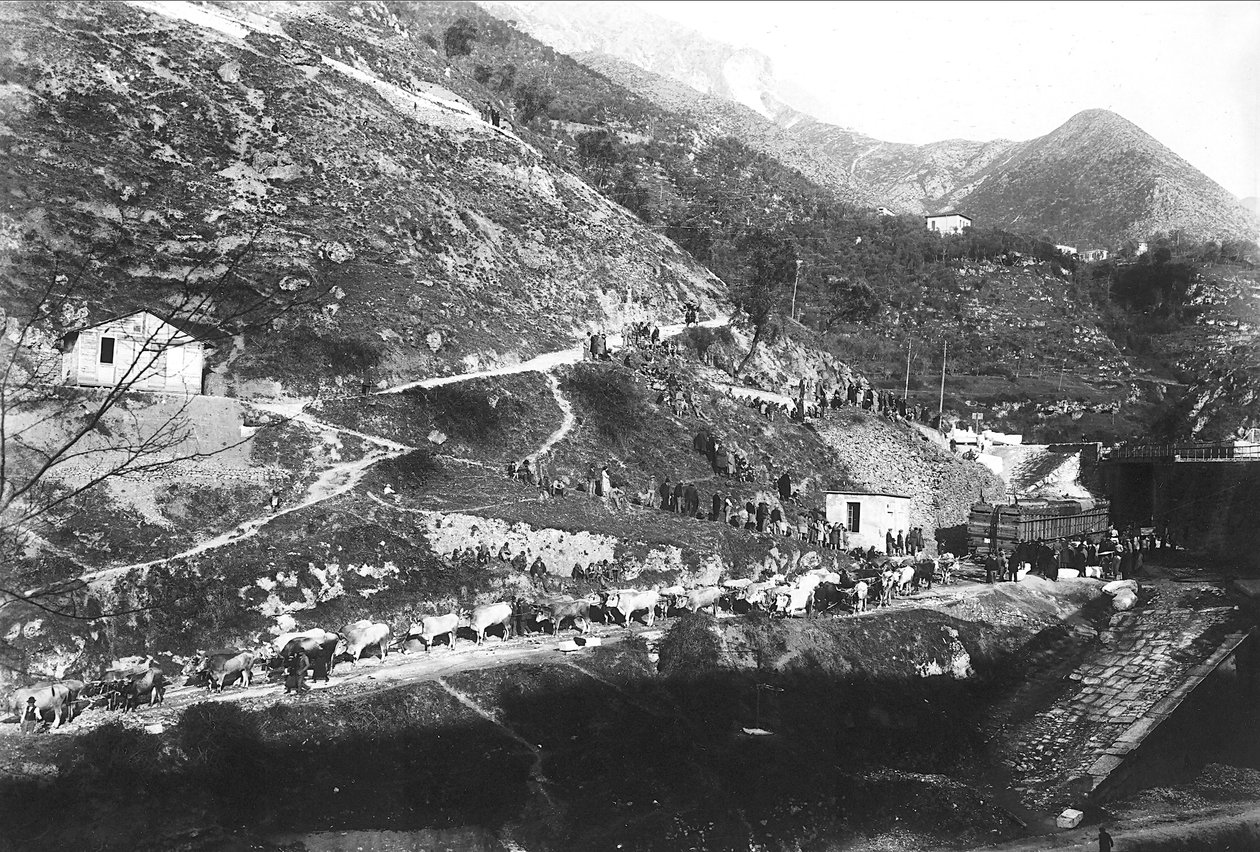 阿普安阿尔卑斯山上的 "poggio"（小山丘），即采石场山谷中装载大理石的地方，从绳索中解放出来，装上牛拉的马车（黑白照片）。 作者 A.科西尼