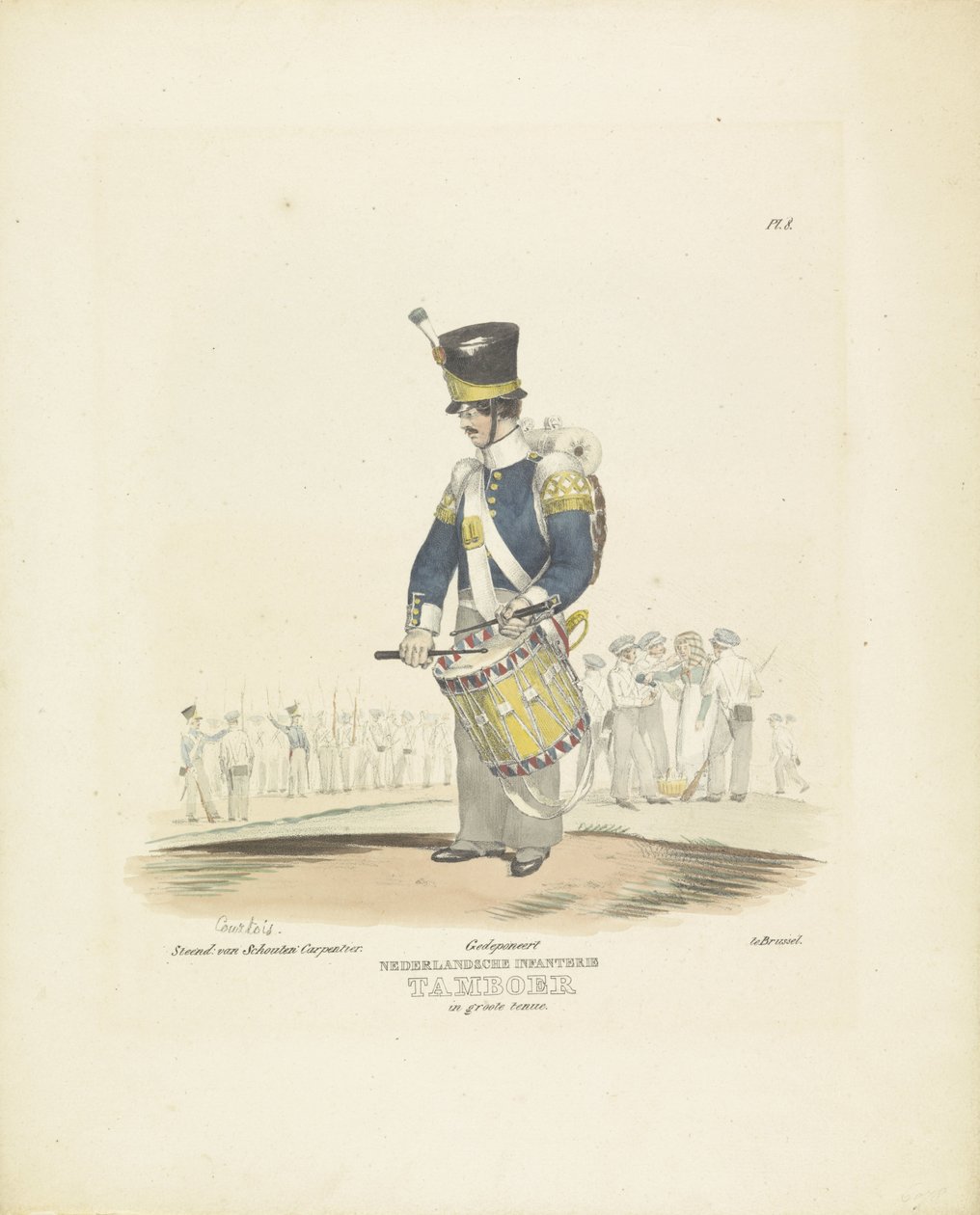 身着全套制服的鼓手
身着全套制服的鼓手，1820-1825 年
荷兰步兵。身着全套军装的鼓手（物品上有标题）
荷兰王国的军装。献给威廉-范-比兰特阁下（文物上的系列名称 作者 库尔图瓦