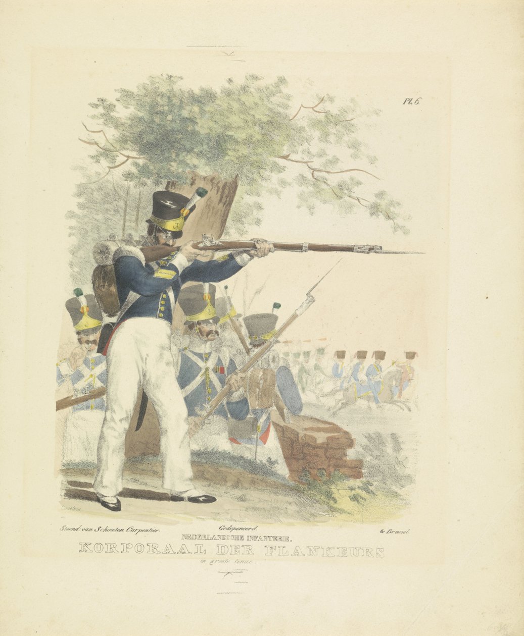 身着大号服的 Flankeur，1820-1825 年
荷兰步兵。身着大礼服的 Flankeurs 下士（物品上有标题）
荷兰王国的军装。献给比兰特的威廉阁下（文物上的系列名称） 作者 库尔图瓦
