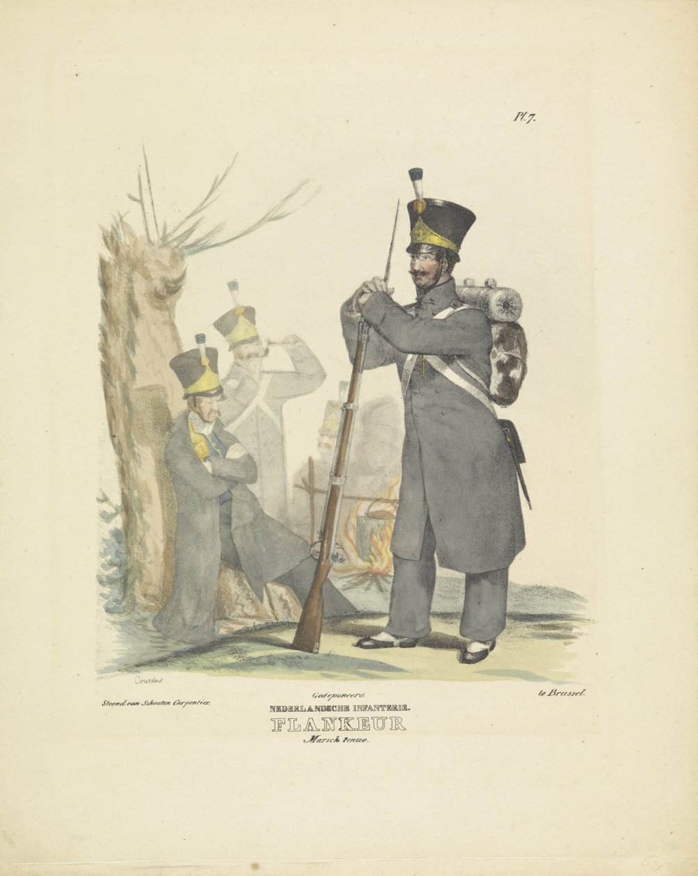 身着行军服的弗兰徽章，1820-1825 年
荷兰步兵团。Flankeur Marsch tenue（物品上的标题）
荷兰王国的军装。献给比兰特的威廉阁下（文物上的系列名称） 作者 库尔图瓦