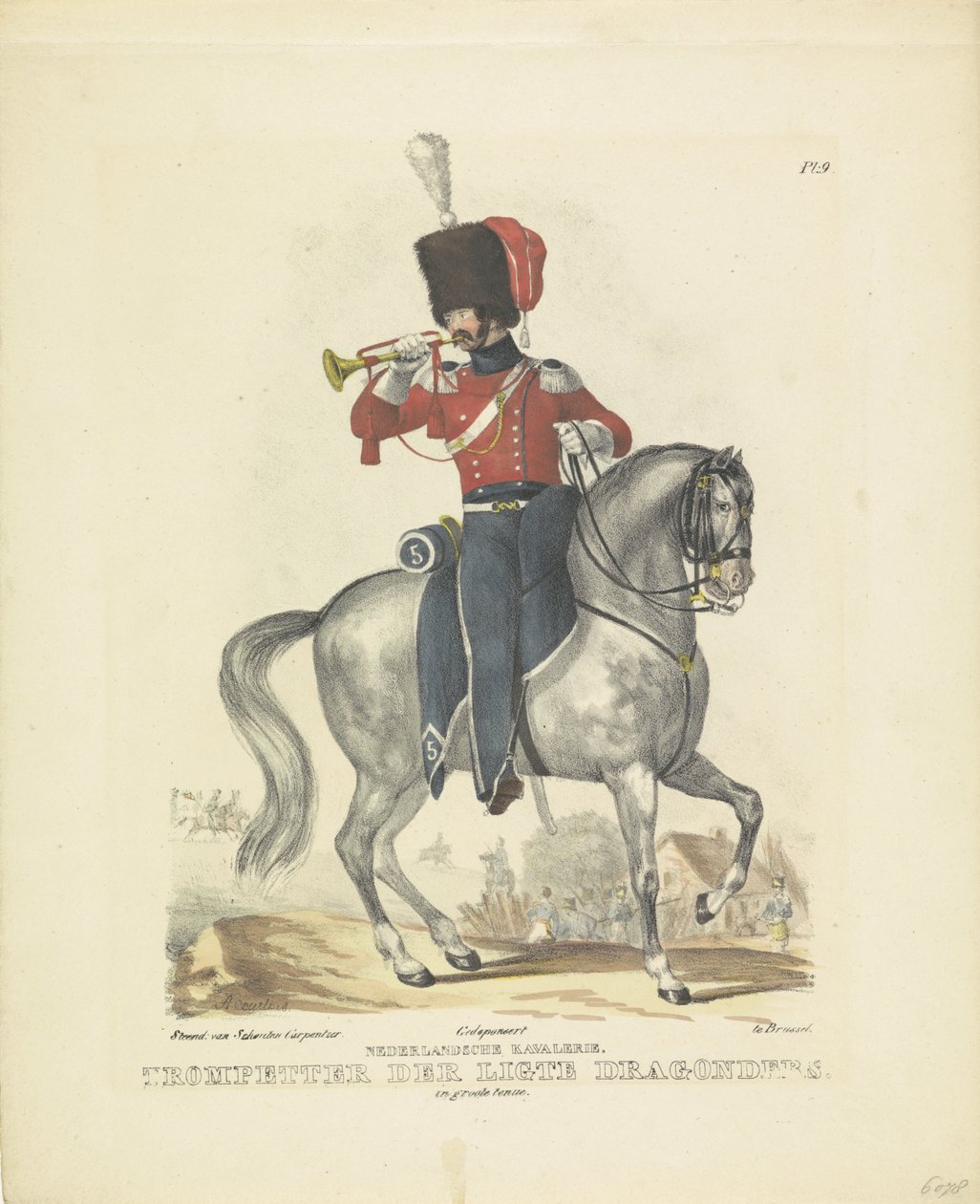 身着全套制服的小号手
身着全套制服的小号手，1820-1825 年
荷兰骑兵。Trompetter der Ligte Dragonders.
荷兰王国的军装。献给威廉阁下 作者 库尔图瓦