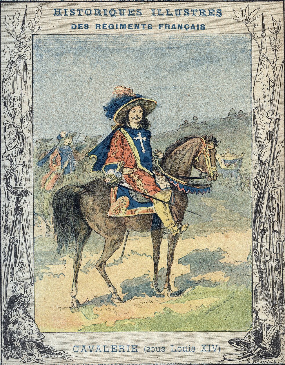 路易十四时期的骑兵--来自学校课本的保护套，19世纪末--Cavalry sous Louis XIV--A Demarle的插图--Protege notebook historique，19世纪末--。 作者 戴玛