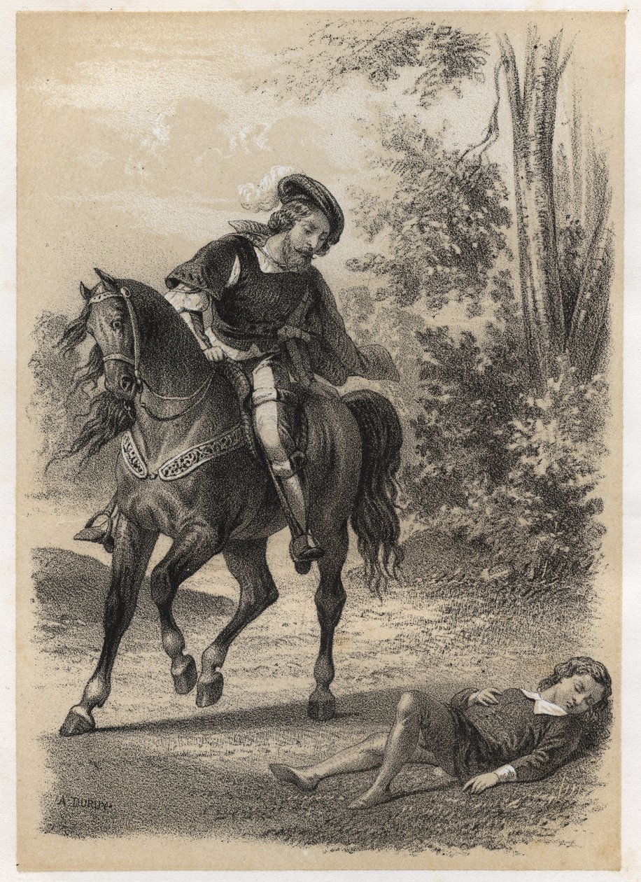 Jacques Amyot (1513-1593), rescued, at the age of 10 by a traveller. Engraving by A. Duruy in “” Illustrations litteraires de la France; or, Galerie anecdotique de nos principaux auteurs ints par leurs actions et leurs inscriptions”” by J.B. Maigrot. 1865. 作者 杜鲁伊