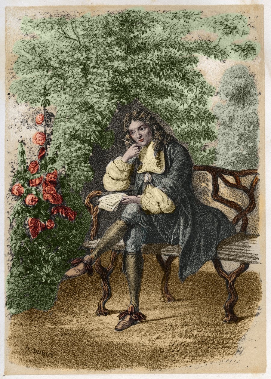 法国作家Nicolas Boileau（1636-1711）dit Boileau-Despreaux（博伊洛-德普罗）在他位于奥特伊的房子里的肖像。A. Duruy在《法国文学插图》中的雕刻；或者，《法国主要作家的轶事画廊》（Galerie anecdotique de nos principaux auteurs ints par leurs）。 作者 杜鲁伊
