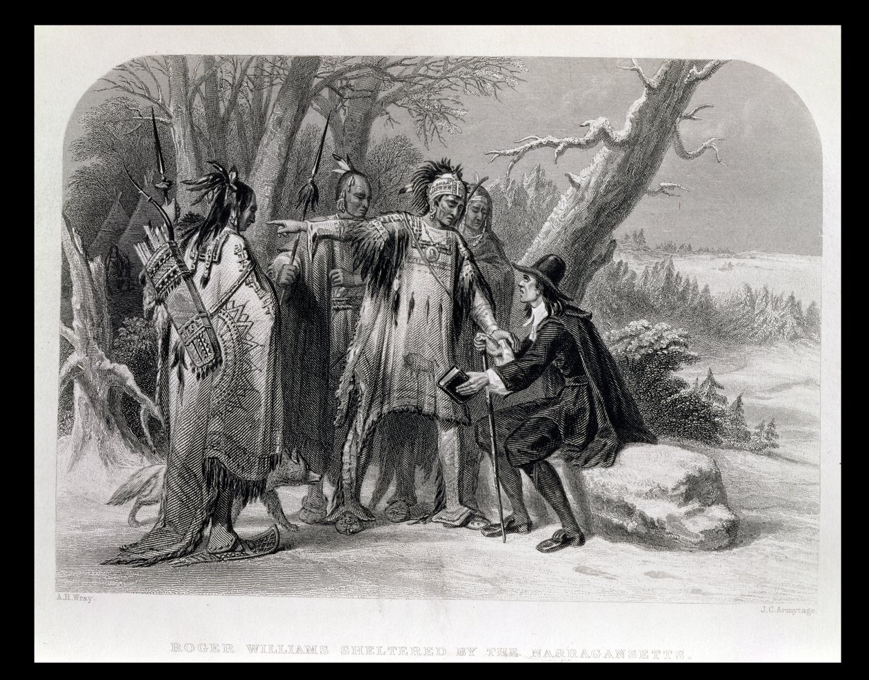 1636年，罗杰·威廉姆斯（Nargergansetts）在“美国的历史”（The History of the United States）中受到了纳拉甘西亚（Narragansetts）的庇护。我，由查尔斯·麦凯（Charles Mackay），詹姆斯·查尔斯军队（James Charles Armytage）刻（1820-97） 作者 AH Wray