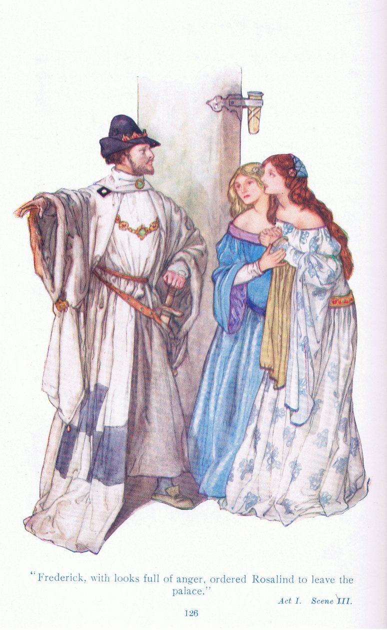 Frederick with looks of anger, ordered Rosalind to leave the palace (As You Like It), from Tales from Shakespeare pub. by Ward Lock & Co Ltd 作者 杰克逊