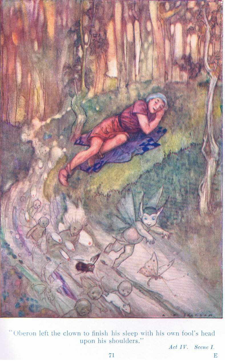 奥伯伦让小丑带着他的傻瓜头完成了他的睡眠（《仲夏夜之梦》），摘自《莎士比亚的故事》，由Ward Lock & Co Ltd出版。 作者 杰克逊