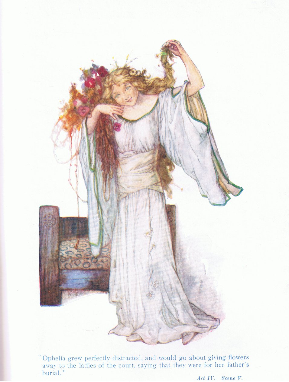 Ophelia grew perfectly distracted, and would go about giving away to the ladies of the court (Hamlet), from Tales from Shakespeare pub. by Ward Lock & Co Ltd 作者 杰克逊