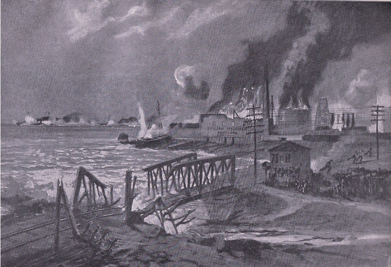 奥匈帝国鱼雷驱逐舰摧毁巴里（意大利）的一个造船厂，出自 The Illustrated History of the World War 1914-1915 酒吧。 by Union Berlagsefellfchaft 作者 基尔（A. Kircher）