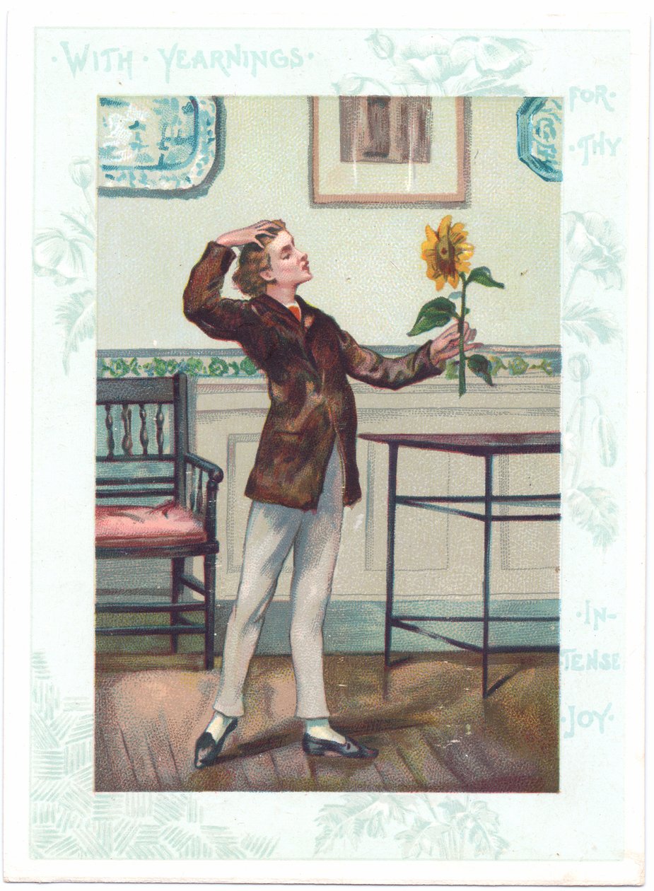 1881 年左右，一位美学的花卉凝视者维多利亚式贺卡，在狂喜中欣赏向日葵（彩色石版画） 作者 鲁道维奇（A. Ludovici）