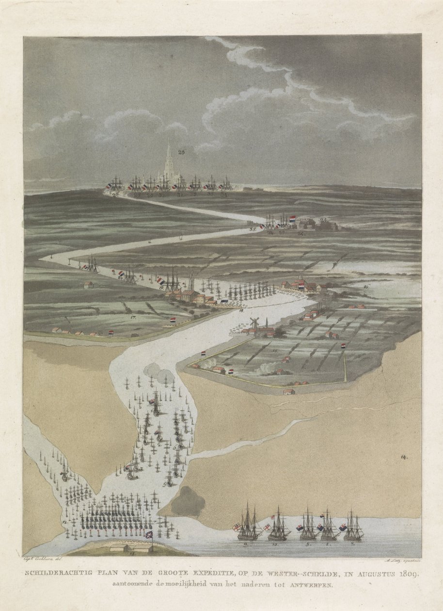 1809 年英国远征安特卫普
1809 年 8 月大远征在西斯海尔德河上的风景图，显示接近安特卫普的困难（标题在实物上） 作者 A·卢茨