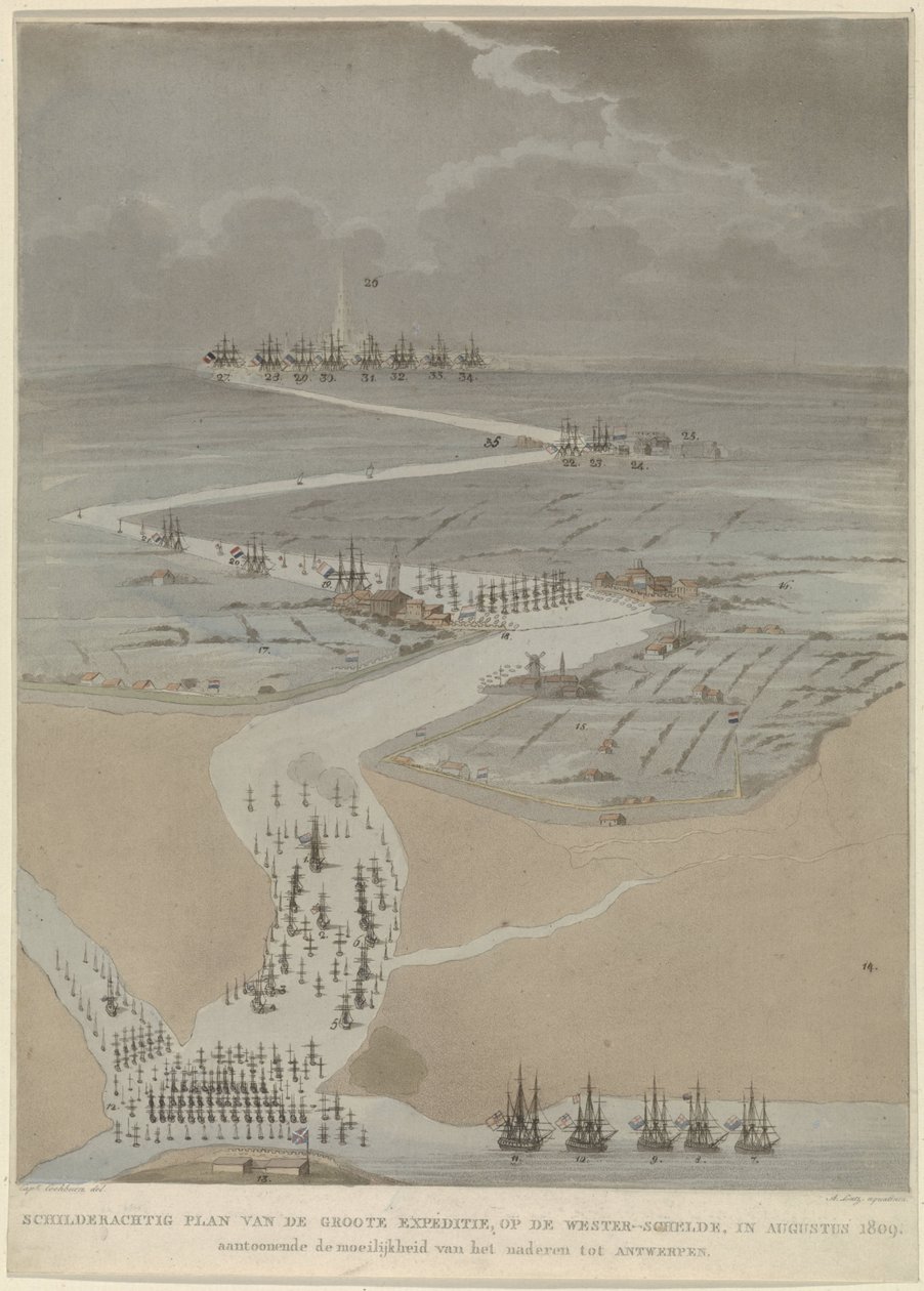 鸟瞰西斯海尔德河与英国、荷兰和法国舰队，1809 年
1809 年 8 月在西斯海尔德河上的伟大远征风景图（标题在实物上） 作者 A·卢茨