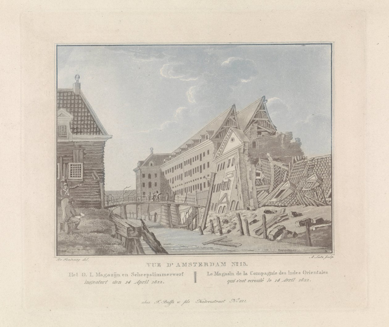 阿姆斯特丹倒塌的东印度海军仓库，1822 年
Het O.I. Magazijn en Scheepstimmerwerf / Le Magasin de la Compagnie des Indes Orientales（物品上的标题）
阿姆斯特丹的面孔（系列名称） 作者 A·卢茨