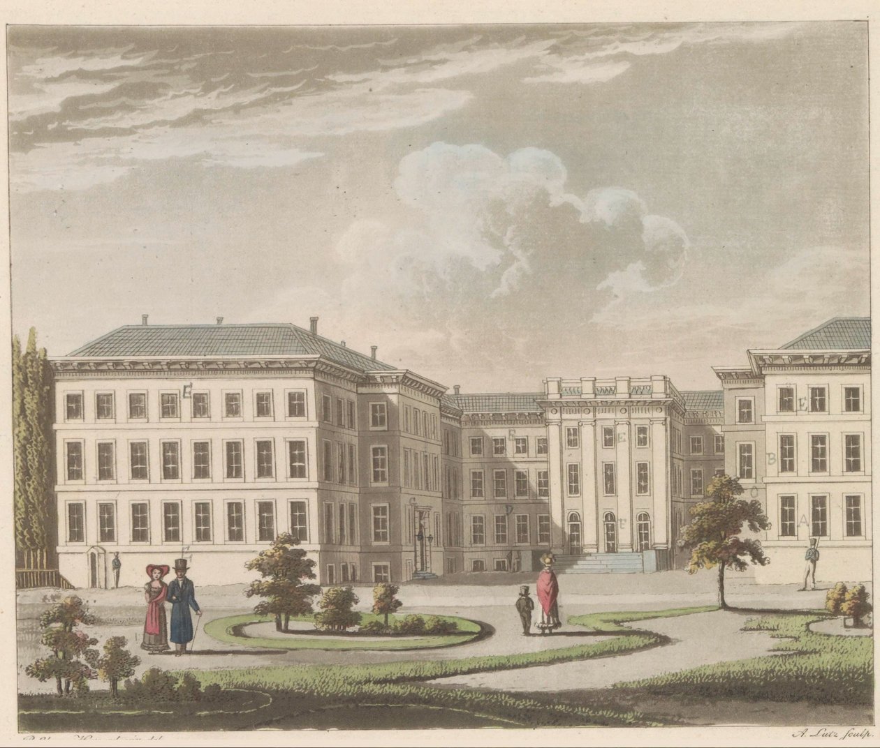 海牙努儿登堡宫，1810-1825 年 Le Palais Royal à La Haye, vu du jardin / 海牙皇宫，从花园侧面看到（物体上的标题） 作者 A·卢茨