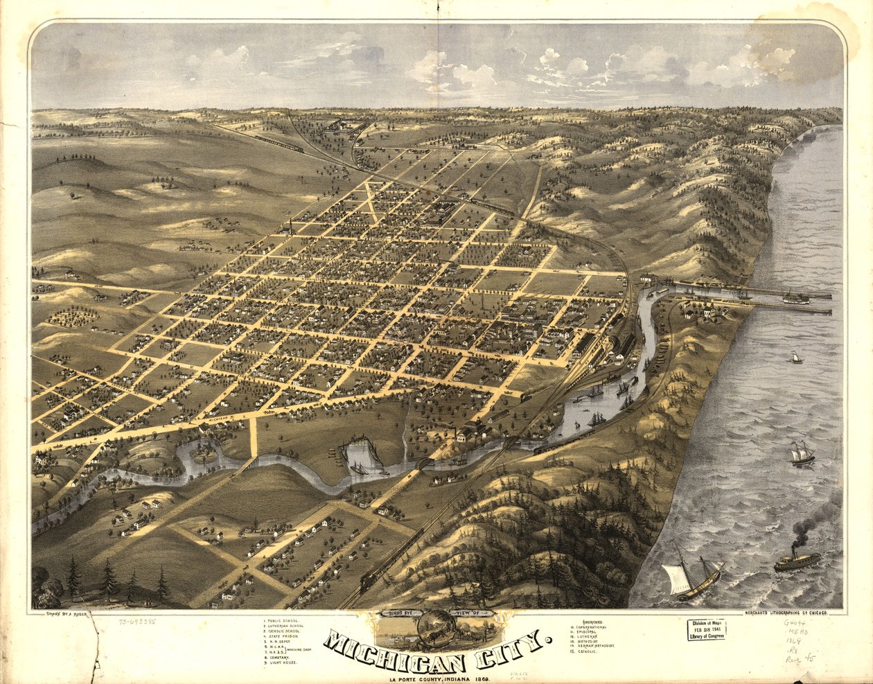 1869 年印第安纳州拉波特县密歇根市鸟瞰图。 作者 一个; MerchantS 平版印刷公司 Ruger