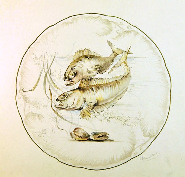 韦奇伍德设计的盘子，c.1880（纸上水彩） 作者 A. Proudlove