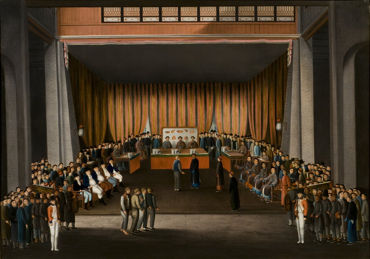 中国法院于1807年4月9日在广州英国工厂大厅，1810年（纸上油画） 作者 罗兰·奈特