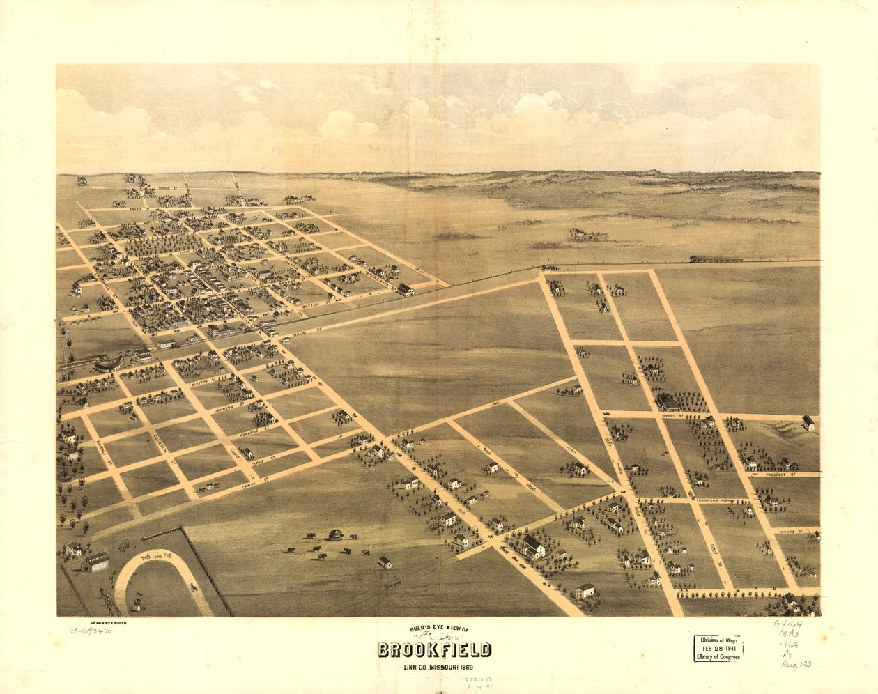密苏里州林恩县布鲁克菲尔德的鸟瞰图，1869 年。LOC 73693470 作者 A.鲁格