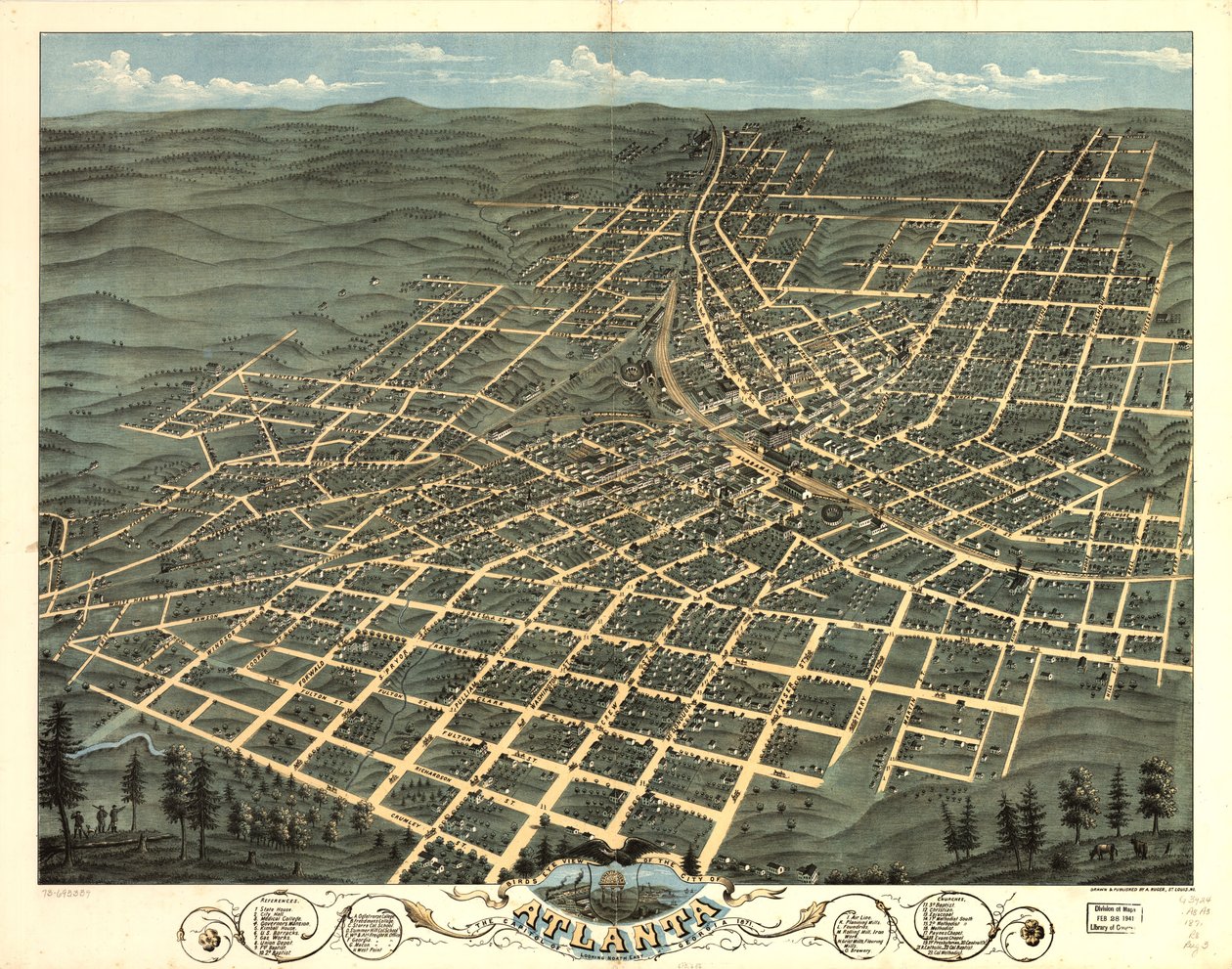 鸟瞰佐治亚州首府亚特兰大市，1871 年。LOC 73693339 作者 A.鲁格